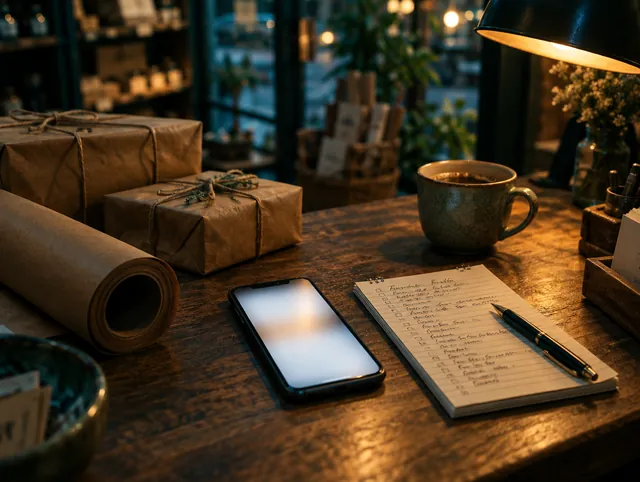 Balcão à noite com celular, bloco de pedidos anotados à mão e pacotes prontos para envio