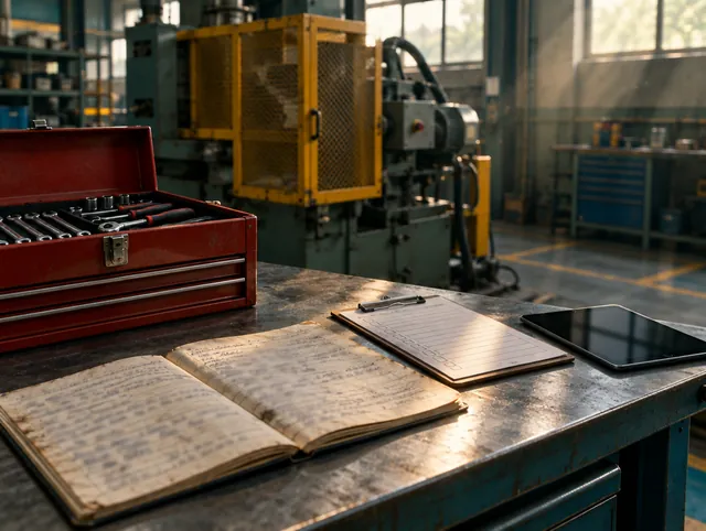 Bancada de oficina industrial com caderno de manutenção aberto, prancheta e caixa de ferramentas