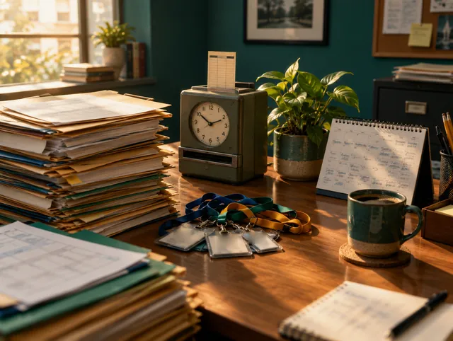 Mesa de escritório com pilhas de pastas, relógio de ponto antigo, crachás e calendário